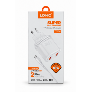 شاحن حائط LDNIO بقدرة 18 وات وتقنية GaN بمنفذي USB مع كابل Type-C